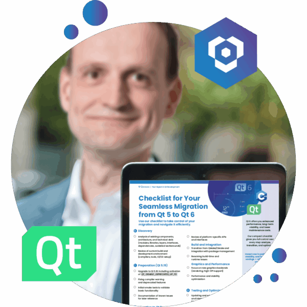 Frank Rub shows the Qwasaa checklist for migrating from Qt 5 to Qt 6 on a tablet