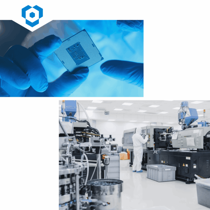 Qwasaa für die Halbleiterindustrie: Mikrochip  Reinraum-Produktion und hochpräzise Automatisierung in einer modernen industriellen Systemumgebung