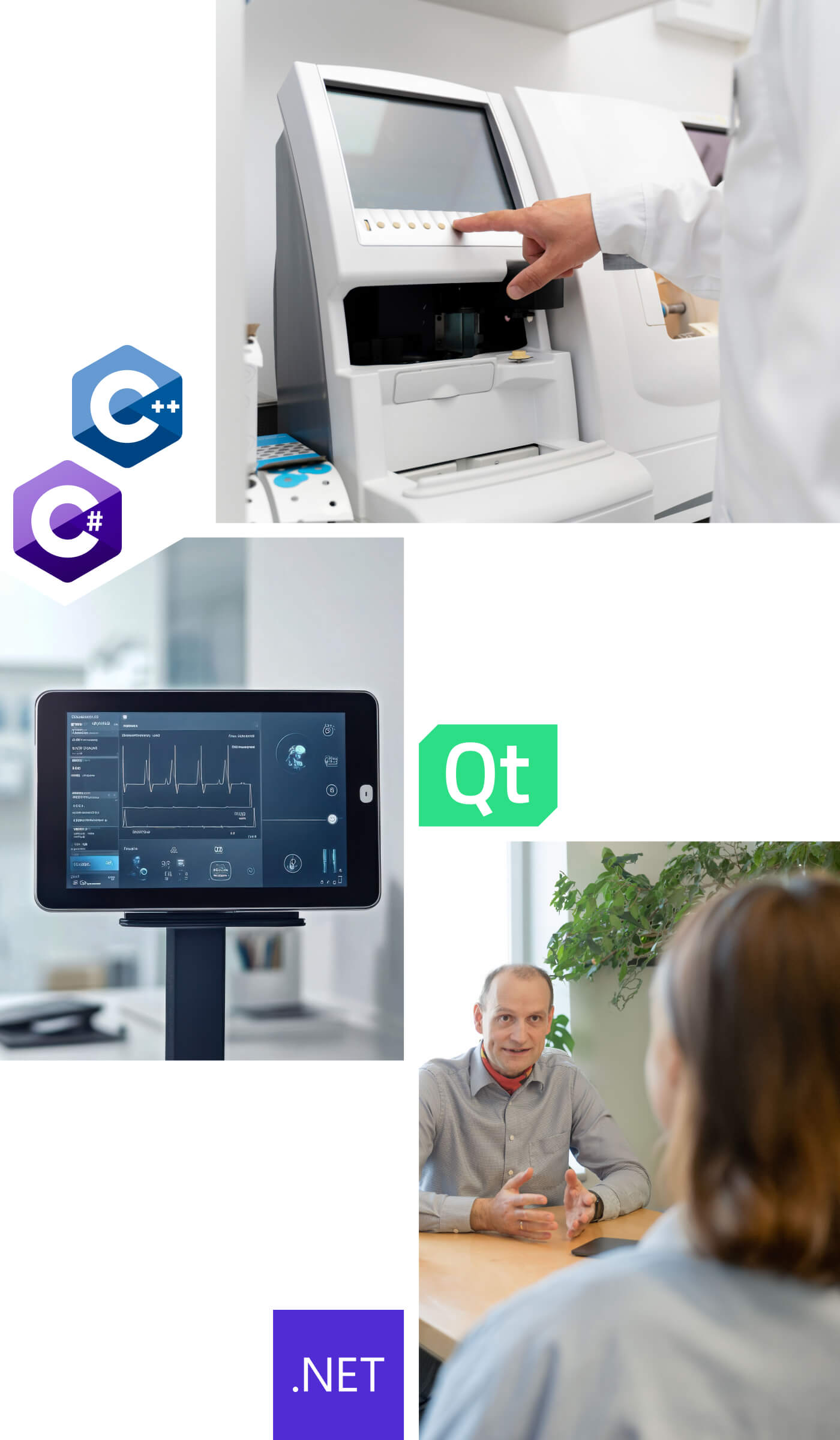 Software Development for Medical Devices with Qt, C++ and .NET | Qwasaa Bildkollage aus Laborgerät, medizinischem Dashboard und Beratungsgespräch für medizinische Softwareentwicklung bei Qwasaa.