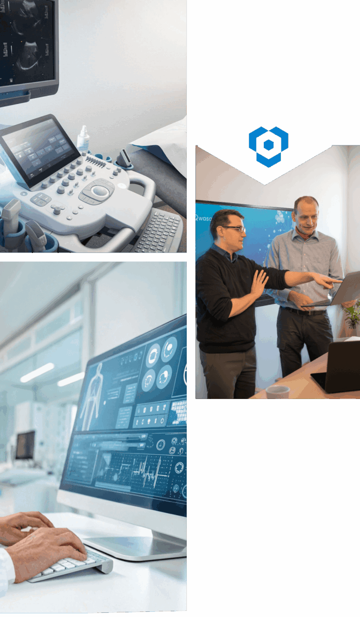 Digitale Systeme und Softwarelösungen im Einsatz | Qwasaa Medizinisches Gerät digitale Benutzeroberfläche und Qwasaa Team bei der Softwarebesprechung