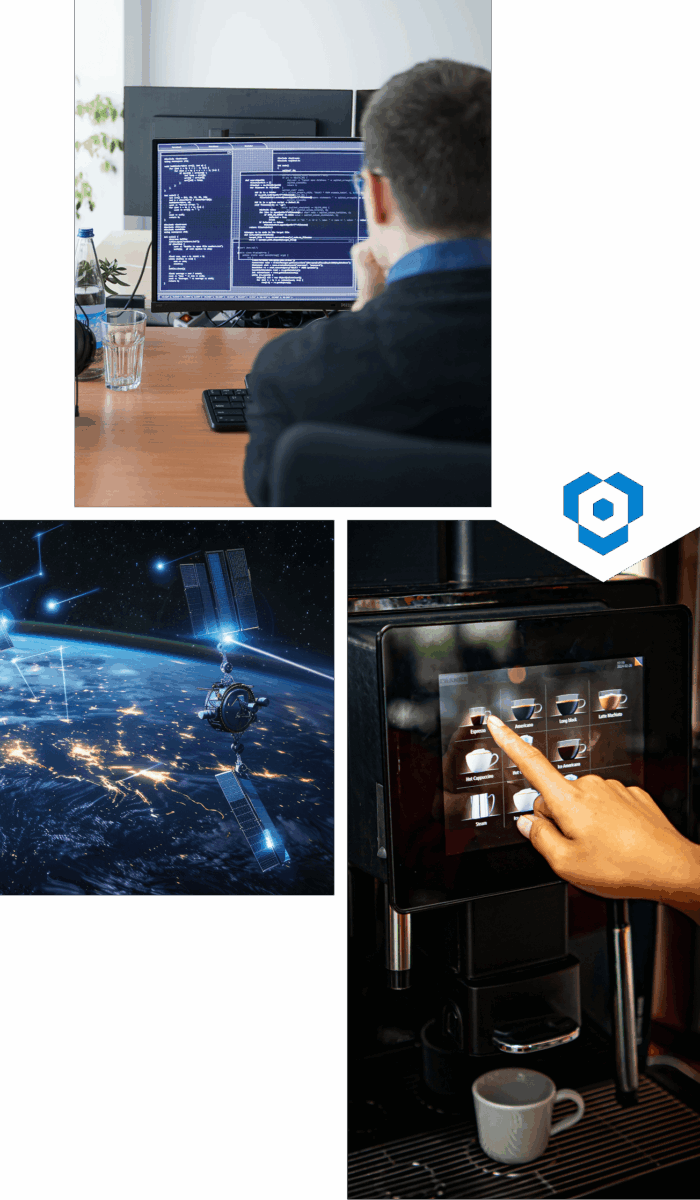 Softwaremodernisierung für komplexe Systeme | Qwasaa Collage aus Codeanalyse Luft- und Raumfahrttechnik sowie Gerätesoftware als Symbol für Softwaremodernisierung | Qwasaa