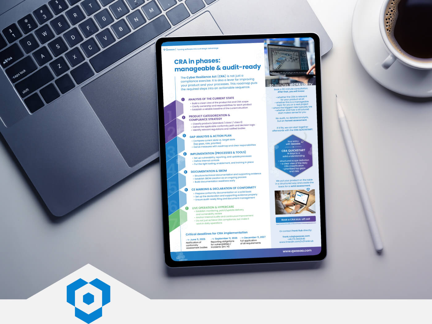 Tablet featuring the Qwasaa CRA Roadmap for implementing CRA requirements, SBOM, and conformity assessment | Qwasaa