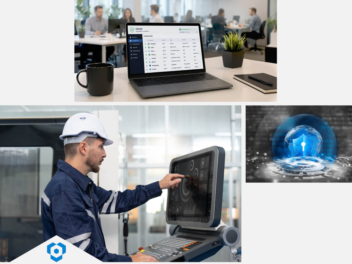 Collage on CRA Requirements: Laptop with Software Bill of Materials (SBOM) and Technician at the HMI | Qwasaa